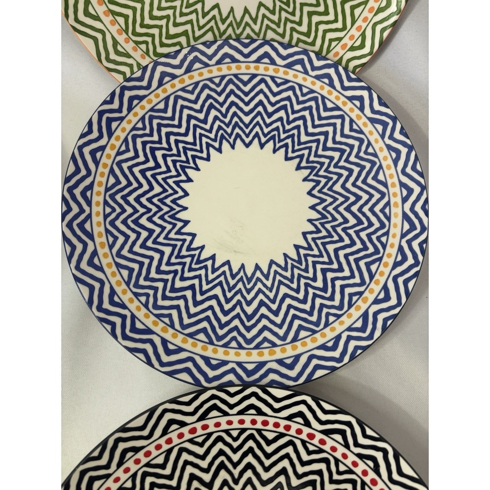 Set Of 6 Handmade Geometric Zig Zag Colorful Dinner Plates  10.25" - Picture 5 of 8
